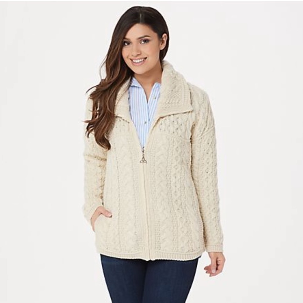 Aran Craft merino wool zip front cardigan. New Irish sweater - made in Ireland.